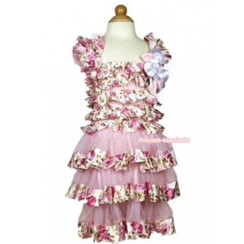 Light Pink Rose Fusion Satin Ruffles Layer One Piece Dress With Cap Sleeve With Light Pink Bow & Bunch Of White Satin Rosettes & Crystal RD030 