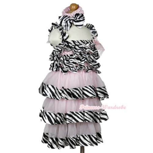 Light Pink Zebra Satin Ruffles Layer One Piece Dress With Light Pink Bow With Light Pink Headband Zebra Satin Bow RD033 