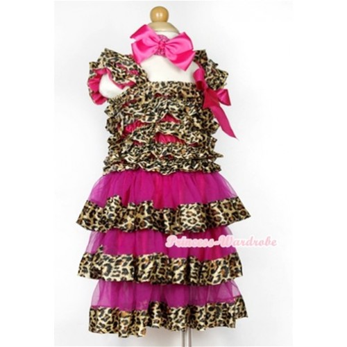 Hot Pink Leopard Satin Ruffles Layer One Piece Dress With Cap Sleeve With Hot Pink Bow With Hot Pink Headband Hot Pink Silk Bow RD035 