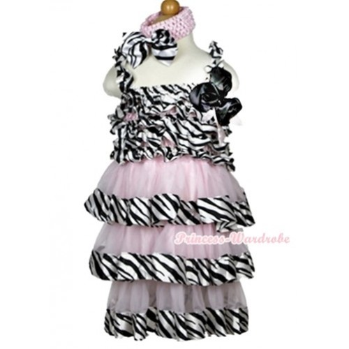 Light Pink Zebra Satin Ruffles Layer One Piece Dress With Light Pink Bow & Bunch Of Black Satin Rosettes & Crystal With Light Pink Headband Zebra Satin Bow RD037 