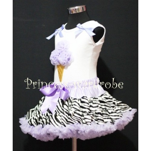 Lavender Zebra Pettiskirt With Lavender Ice Cream White Tank Top with Bows MS214 