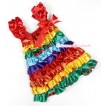 Passion Rainbow Satin Ruffles Layer One Piece Dress With Cap Sleeve With Red Bow RD002 