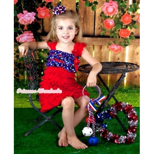 Hot Red Patriotic American Stars Lace Ruffles Layer One Piece Dress With Cap Sleeve With Red Bow RD001 