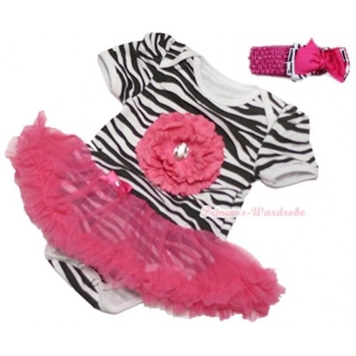Zebra Baby Jumpsuit Hot Pink Pettiskirt With Hot Pink Crystal Peony With Hot Pink Headband Hot Pink Zebra Ribbon Bow JS955 