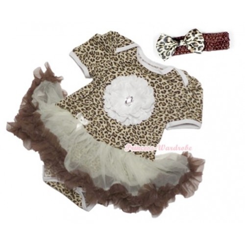 Leopard Baby Jumpsuit Cream White Brown Pettiskirt With White Crystal Peony With Brown Headband Leopard Satin Bow JS956 