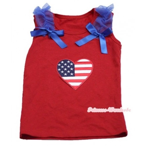 Red Tank Top with Royal Blue Ruffles & Royal Blue Bow & Patriotic American Heart Print T436 