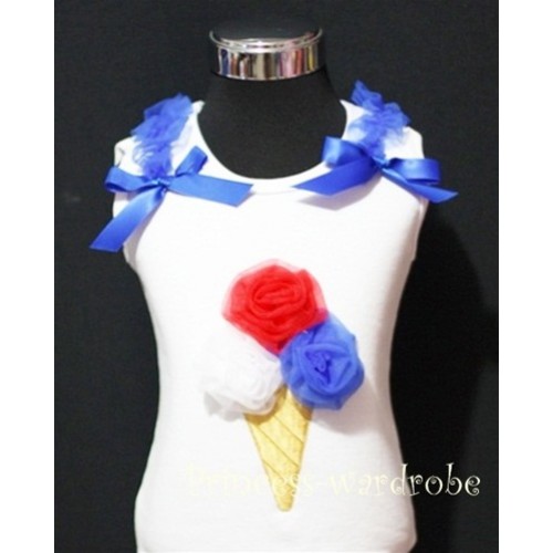 White Tank Top with Red White Blue Ice Cream with Royal Blue Bows and Ruffles TS313 