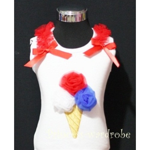 White Tank Top with Red White Blue Ice Cream with Red Bows and Ruffles TS314 