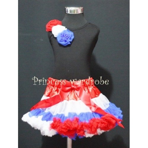Black Tank Top & Oblique Red White Blue Rosettes With Red White Blue Pettiskirt M174 