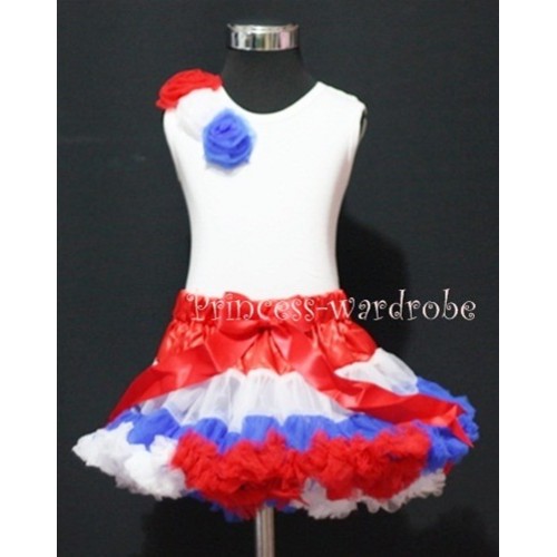 Red White Blue Mix Pettiskirt With White Tank Top with Oblique Red White Royal Blue Rosettes M173 