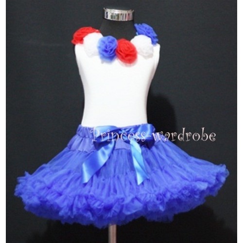 White Tank Tops with Six Red White Blue Rosettes & Royal Blue Pettiskirt M179 
