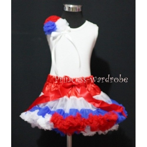 Red White Blue Mix Pettiskirt with Bunch of  Red White Blue Rose White Tank Top with White Bow MW15 
