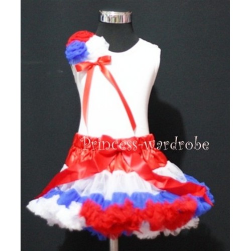 Red White Blue Mix Pettiskirt with Bunch of Red White Blue Rose White Tank Top with Red Bow MW17 
