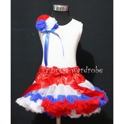 Red White Blue Mix Pettiskirt with Bunch of Red White Blue Rose White Tank Top with Blue Bow MW19 