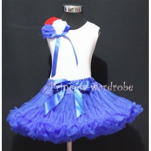 Royal Blue Pettiskirt with Bunch of Red White Blue Rose White Tank Top with Blue Bow MW20 