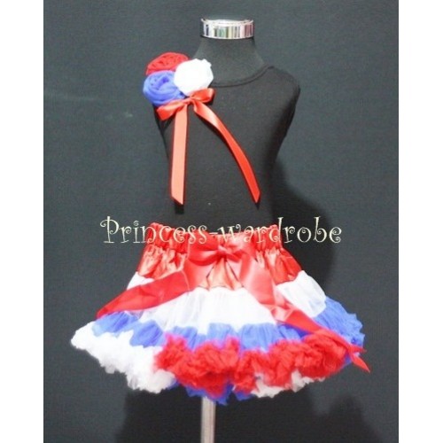Red White Blue Mix Pettiskirt With Black Tank Top With Bunch Red White Blue Rosettes & Red Bow MW23 