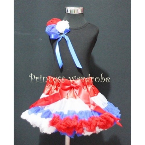 Red White Blue Mix Pettiskirt With Black Tank Top With Bunch Red White Blue Rosettes& Blue Bow MW25 