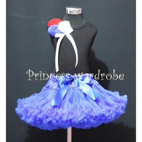 Royal Blue Pettiskirt With Black Tank Top With Bunch Red White Blue Rosettes & White Bow MW22 