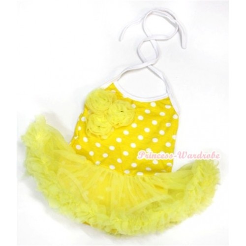 Yellow White Dots Baby Halter Jumpsuit Yellow Pettiskirt With Bunch Of Yellow Rosettes JS965 