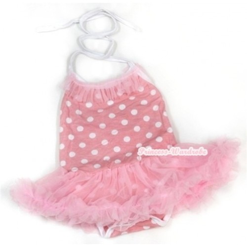 Light Pink White Dots Baby Halter Jumpsuit Light Pink Pettiskirt With Light Pink Chiffon Lacing JS966 