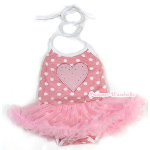Light Pink White Dots Baby Halter Jumpsuit Light Pink Pettiskirt With Light Pink Heart Print JS976 