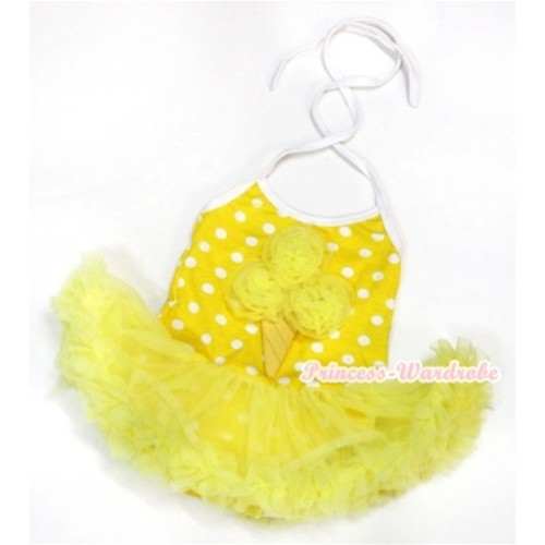 Yellow White Dots Baby Halter Jumpsuit Yellow Pettiskirt With Yellow Rosettes Ice Cream Print JS983 