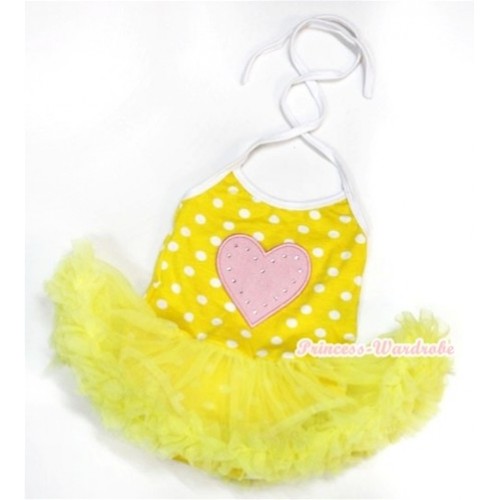 Yellow White Dots Baby Halter Jumpsuit Yellow Pettiskirt With Light Pink Heart Print JS985 