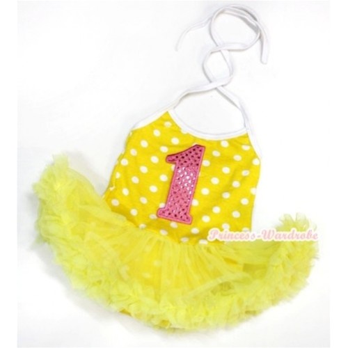 Yellow White Dots Baby Halter Jumpsuit Yellow Pettiskirt With 1st Sparkle Light Pink Birthday Number Print JS986 