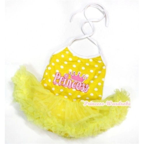 Yellow White Dots Baby Halter Jumpsuit Yellow Pettiskirt With Princess Print JS988 