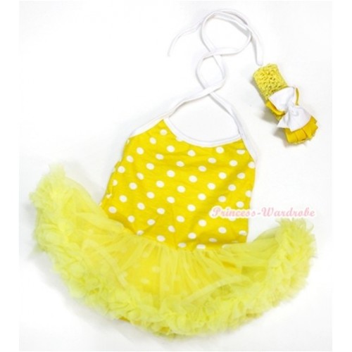 Yellow White Dots Baby Halter Jumpsuit Yelow Pettiskirt With Yellow Headband White Yellow Ribbon Bow JS993 