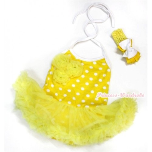 Yellow White Dots Baby Halter Jumpsuit Yellow Pettiskirt With Bunch Of Yellow Rosettes With Yellow Headband White Yellow Ribbon Bow JS999 