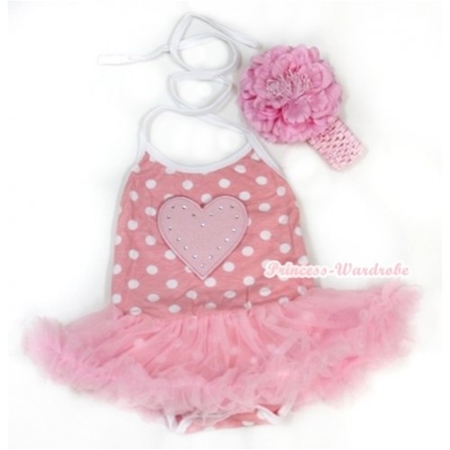 Light Pink White Dots Baby Halter Jumpsuit Light Pink Pettiskirt With Light Pink Heart Print With Light Pink Headband Light Pink Peony JS1003 