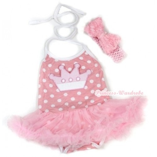 Light Pink White Dots Baby Halter Jumpsuit Light Pink Pettiskirt With Crown Print With Light Pink Headband Light Pink Romantic Rose Bow JS1007 