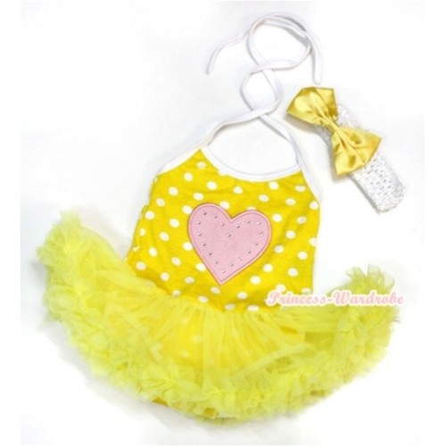 Yellow White Dots Baby Halter Jumpsuit Yellow Pettiskirt With Light Pink Heart Print With White Headband Yellow Satin Bow JS1019 