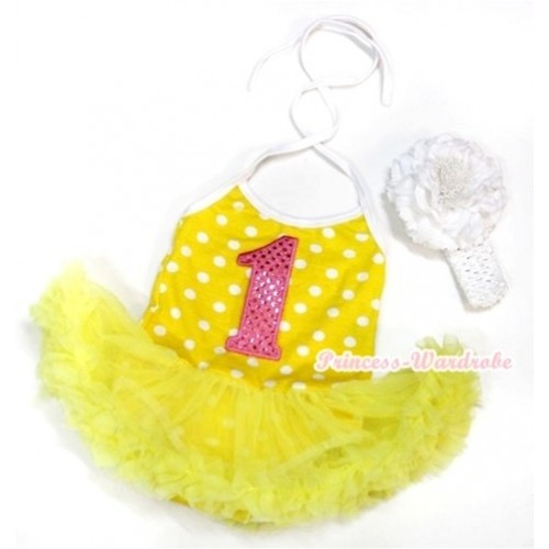 Yellow White Dots Baby Halter Jumpsuit Yellow Pettiskirt With 1st Sparkle Light Pink Birthday Number Print With White Headband White Peony JS1020 