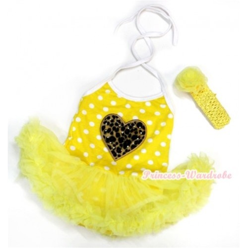 Yellow White Dots Baby Halter Jumpsuit Yellow Pettiskirt With Leopard Heart Print With Yellow Headband Yellow Rose JS1022 