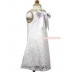 White Floral Lace Pattern Gold Sparkle Sequin Necklace White Giant Bow One Piece Wedding Party Dress PD041 