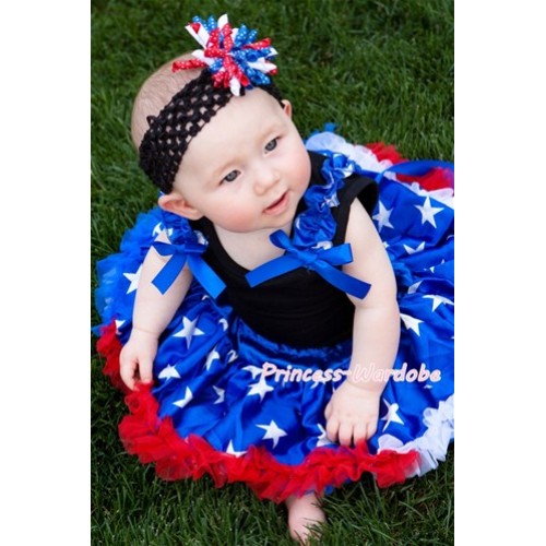 Black Baby Pettitop & Patriotic Star Ruffles & Royal Blue Bow with with Patriotic America Star Baby Pettiskirt NG404 