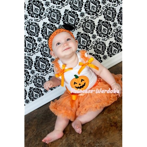 White Baby Pettitop With Pumpkin Print & Orange Ruffles & Orange Bows With Halloween Orange Baby Pettiskirt NS101 