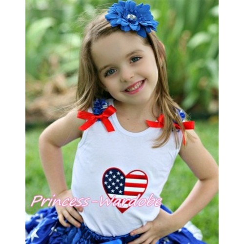Patriotic America Flag Heart White Tank Top with White Blue Patriotic Star Ruffles with Red Bows TB171 