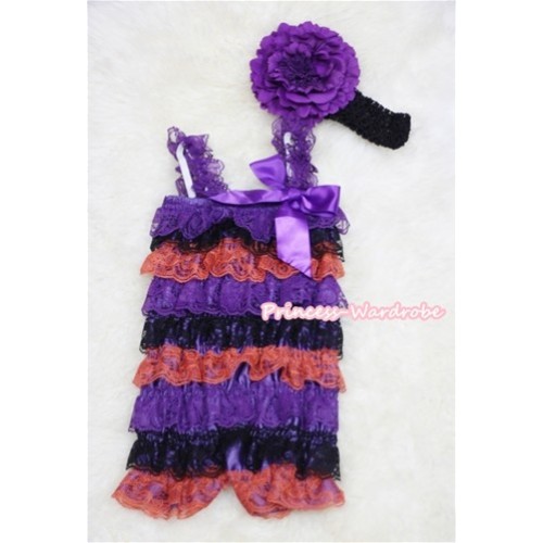 Purple Black Orange Layer Chiffon Romper with Purple  Bow & Purple Straps with Black Headband Set RH35 