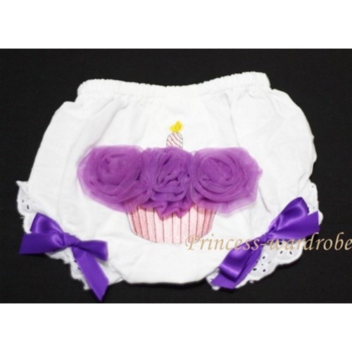 White Bloomer With Dark Purple Rosettes Cupcake Print & Dark Purple Bow BC33 