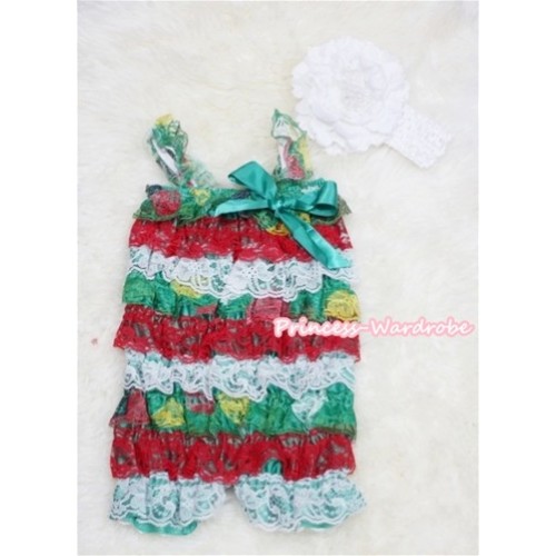 Xmas Red White Green Layer Chiffon Romper with Green Bow & Green Straps with White Headband with White Peony Set RH55 