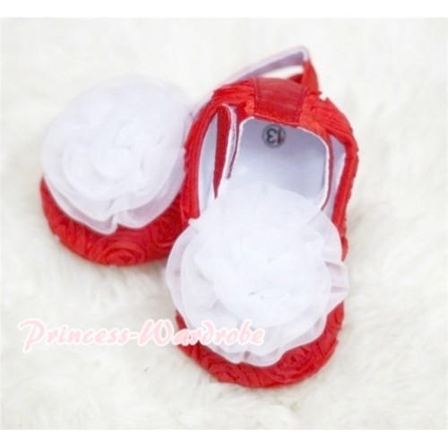 Baby  Red Crib Shoes with  White Rosettes S122 
