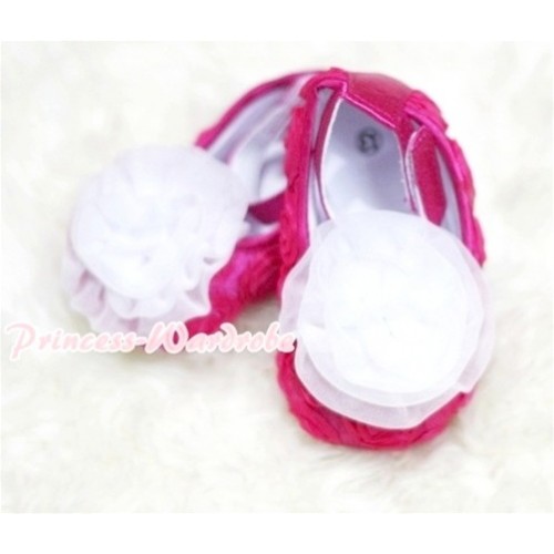 Baby  Hot Pink Crib Shoes with  White Rosettes S124 