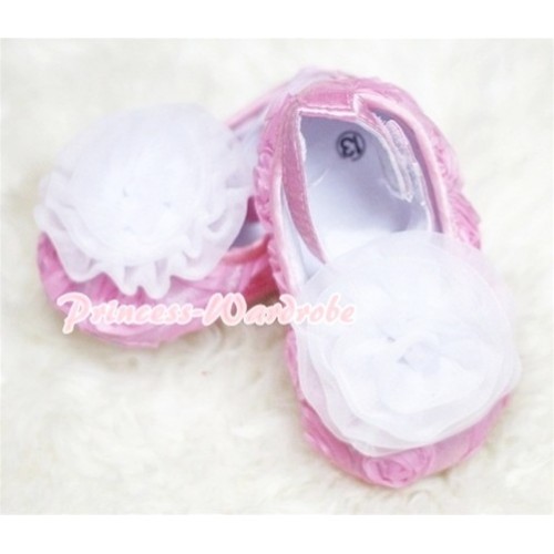 Baby Light Pink Crib Shoes with White Rosettes S131 