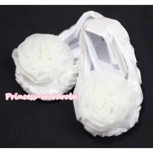 Baby White Crib Shoes with Cream White Rosettes S133 