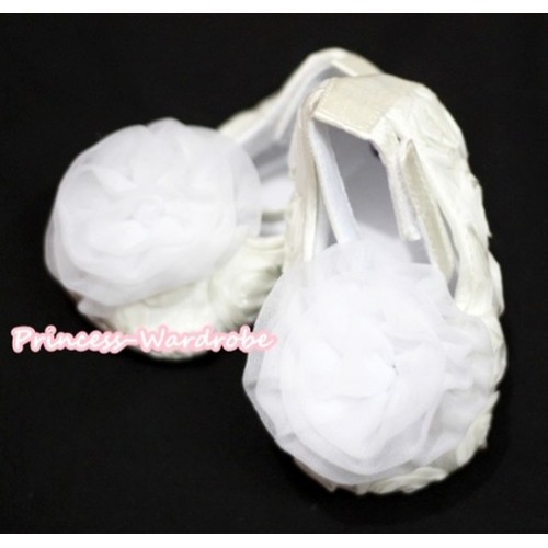 Baby White Crib Shoes with White Rosettes S134 
