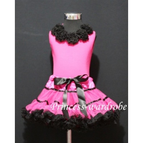 Hot Pink Black Trim Pettiskirt with matching Hot pink Tank Tops with Black Rosettes MH04 