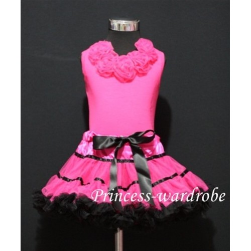 Hot Pink Black Trim Pettiskirt with matching Hot pink Tank Tops with hot pink Rosettes mh10 